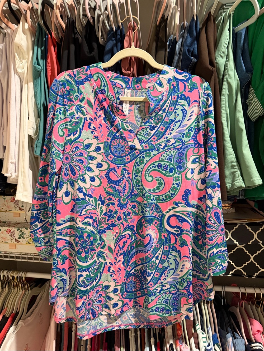 Pink Paisley V-Neck Blouse with Blue and Green Accents